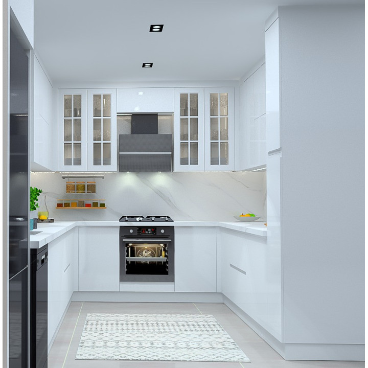 Kulpsuz Mutfak Dolabı – U Şeklinde Köşe, Mat Lake Boyalı Kapak, Modern