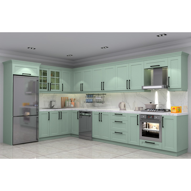 Köşe L Tipi Bodrum Mutfak Dolabı | CNC Country Model Su Yeşili