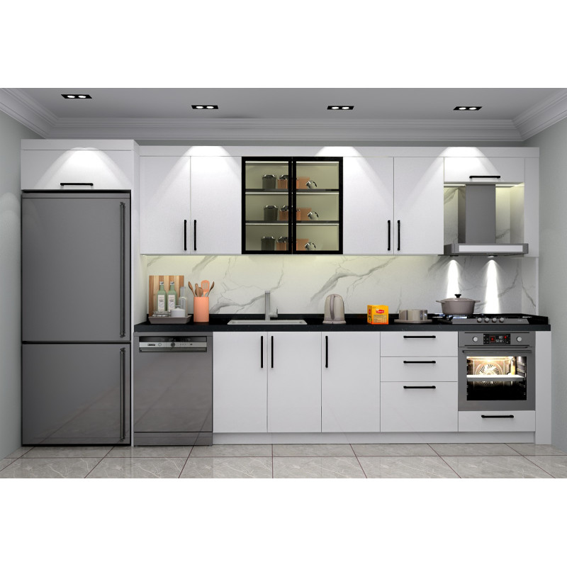 3 Metre Mdf-Lam Mutfak Dolabı – Füme Camlı, Kulplu Tasarım