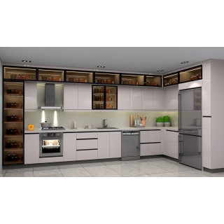 High Gloss ve Füme Camlı Köşe L Tipi, Kademeli Mutfak Dolabı