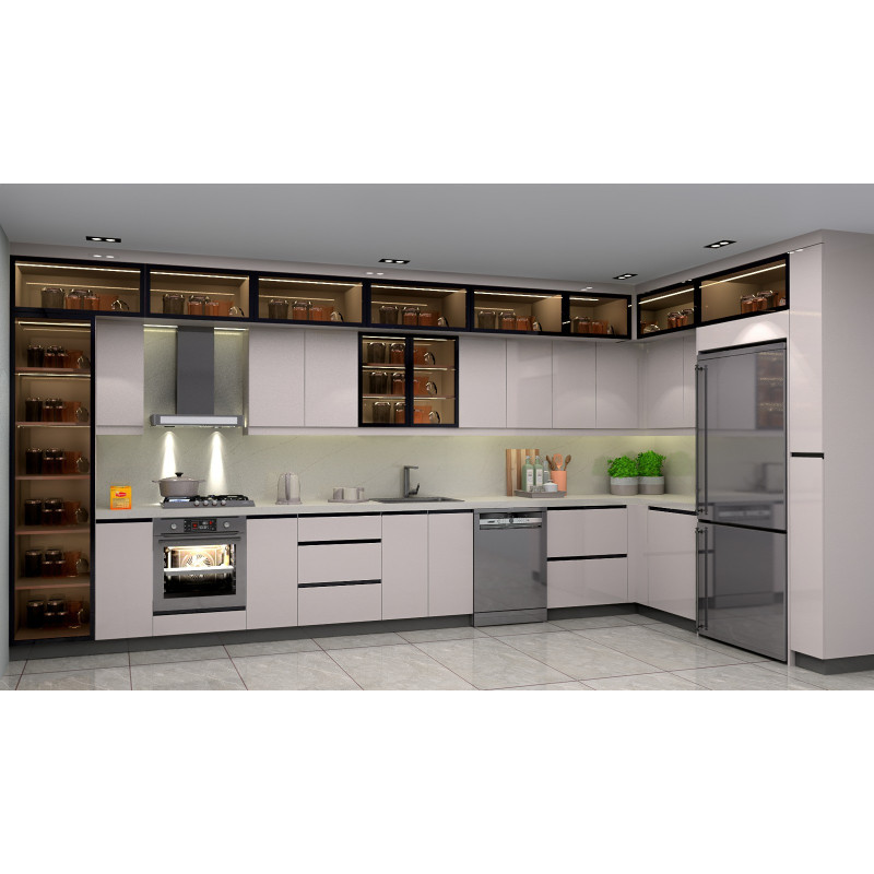 High Gloss ve Füme Camlı Köşe L Tipi, Kademeli Mutfak Dolabı