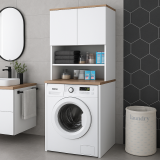 Mdf-Lam Çamaşır Makinesi Dolabı - Raflı Kapaklı Banyo Dolabı