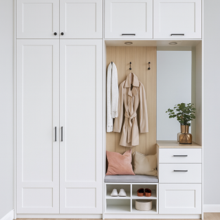 BHR116 Vestiyer Dolabı - Country Model - Çekmeceli Aynalı Raflı Askılı Beyaz Portmanto