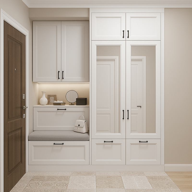 BHR118 Vestiyer Dolabı - Avangard Model - Çekmeceli Aynalı Askılı Beyaz Portmanto