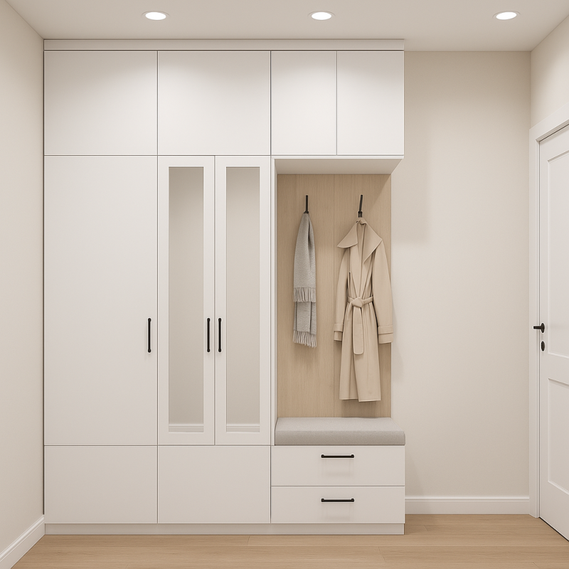 BHR120 Vestiyer Giriş Dolabı - MdfLam - Aynalı Asklık Beyaz Portmanto