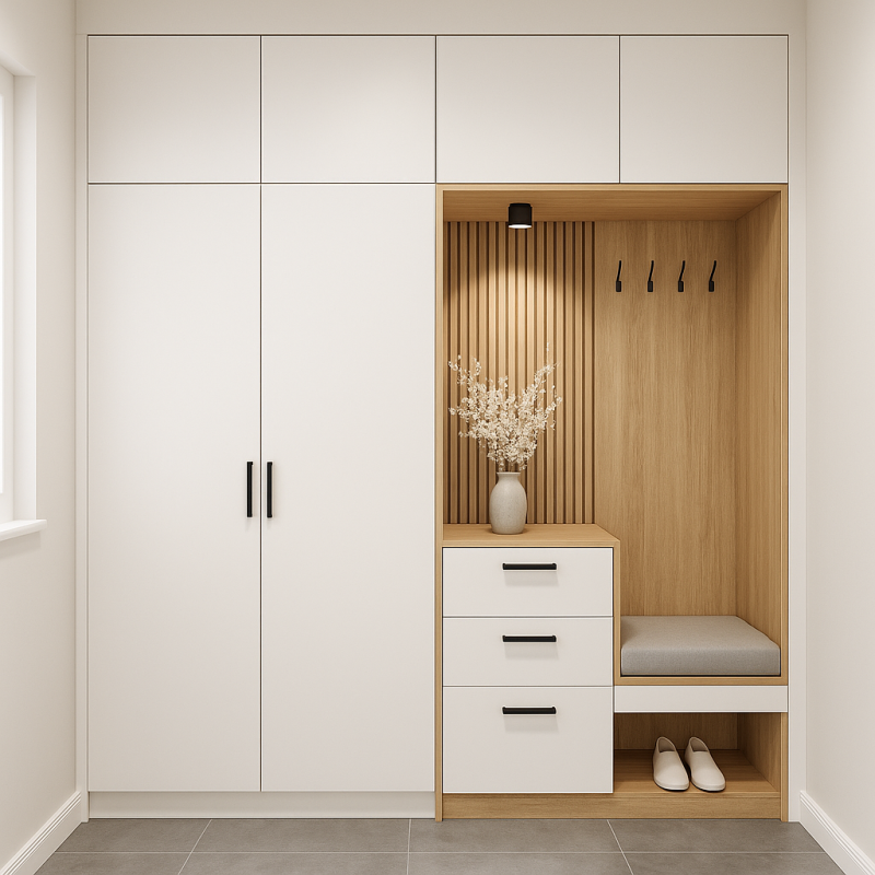 BHR130 Vestiyer Dolap Modeli - Çekmeceli Portmanto Dolabı Ahşap-Beyaz