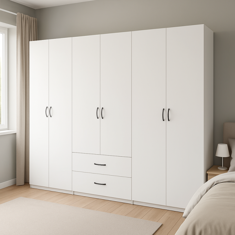 3m Geniş Gardırop Elbise Dolabı 6 Kapaklı 2 Çekmeceli