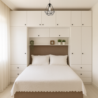 Yatak Üst Dolabı | Beyaz Mdflam Kapaklı Düğme Kulplu Model