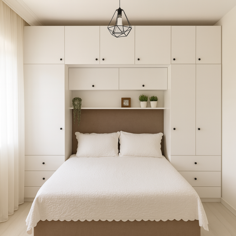 Yatak Üst Dolabı | Beyaz Mdflam Kapaklı Düğme Kulplu Model