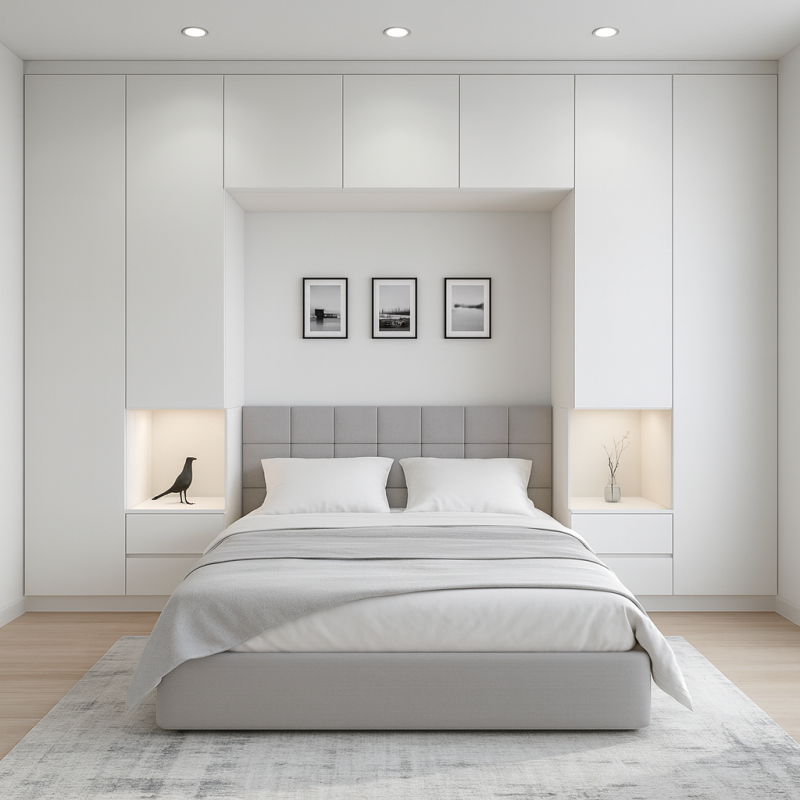 Yatak Üst Dolabı BY090 Modeli - İnci Beyaz High Gloss Kulpsuz Kapaklı Tasarım