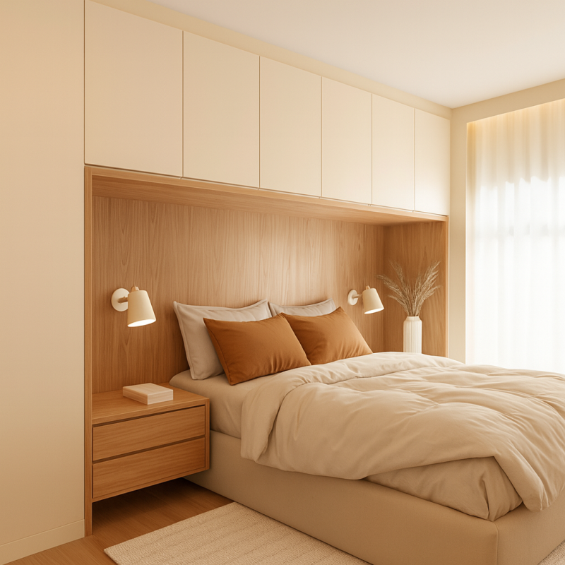 Yatak Başı Gardırop BY098 Modeli - Mat Krem Lak Kulpsuz Kapaklı Tasarım