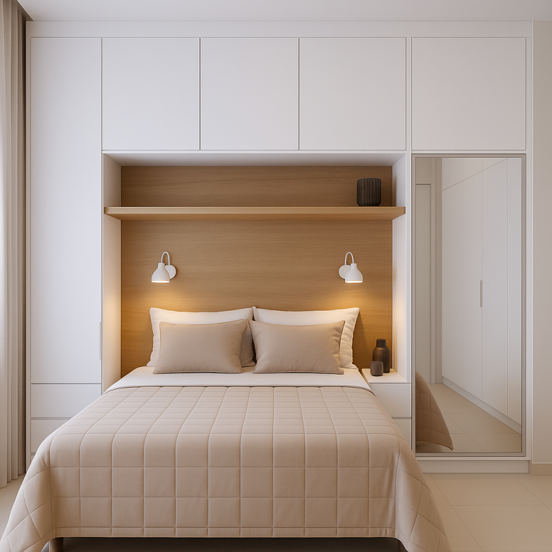 Yatak Başı Dolap BY100 Modeli - Beyaz, Aynalı Mat Lak Kulpsuz Kapaklı Tasarım