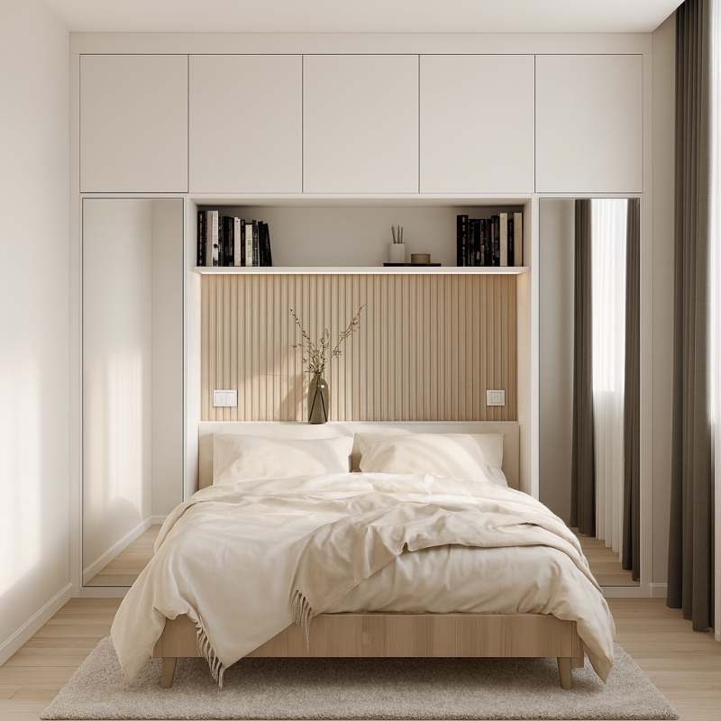 Yatak Üstü Gardırop BY102 Modeli - Beyaz, Aynalı Mat Lak Kulpsuz Kapaklı Tasarım