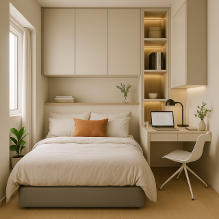 Yatak Üst Dolabı BY106 Modeli - Krem Mat Lak Kulpsuz Kapak Çalışma Masalı