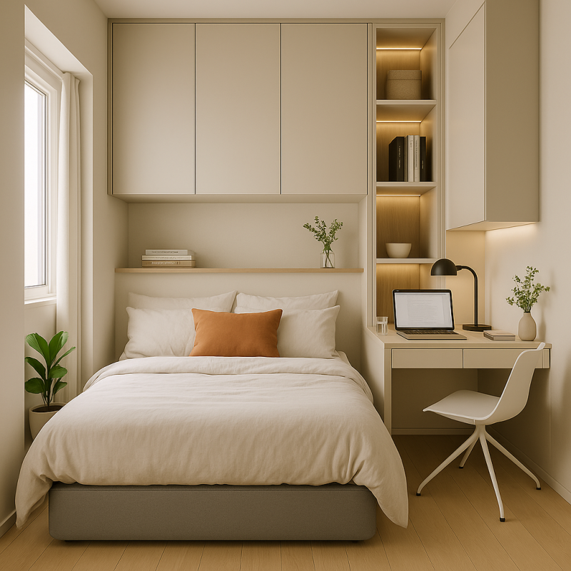 Yatak Üst Dolabı BY106 Modeli - Krem Mat Lak Kulpsuz Kapak Çalışma Masalı