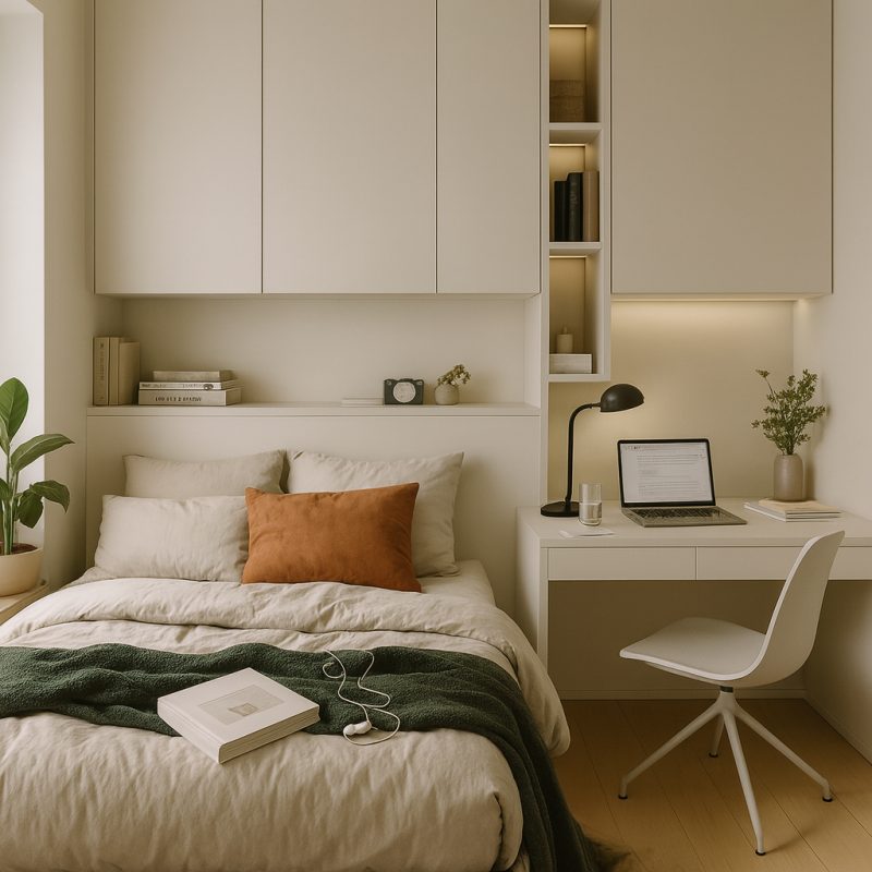 Yatak Üst Dolabı BY106 Modeli - Krem Mat Lak Kulpsuz Kapak Çalışma Masalı