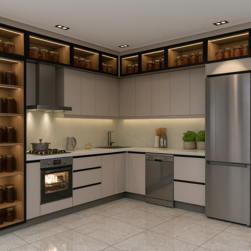 Mat Lak Mutfak Dolabı - Köşe L Tipi Tavana Kadar Kademeli Tasarım