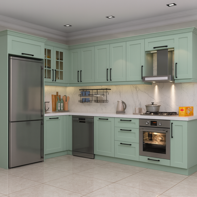 Bodrum Mutfak Dolabı – Köşe L Tipi , CNC İşlemeli Rustik Model, Su Yeşili Renk