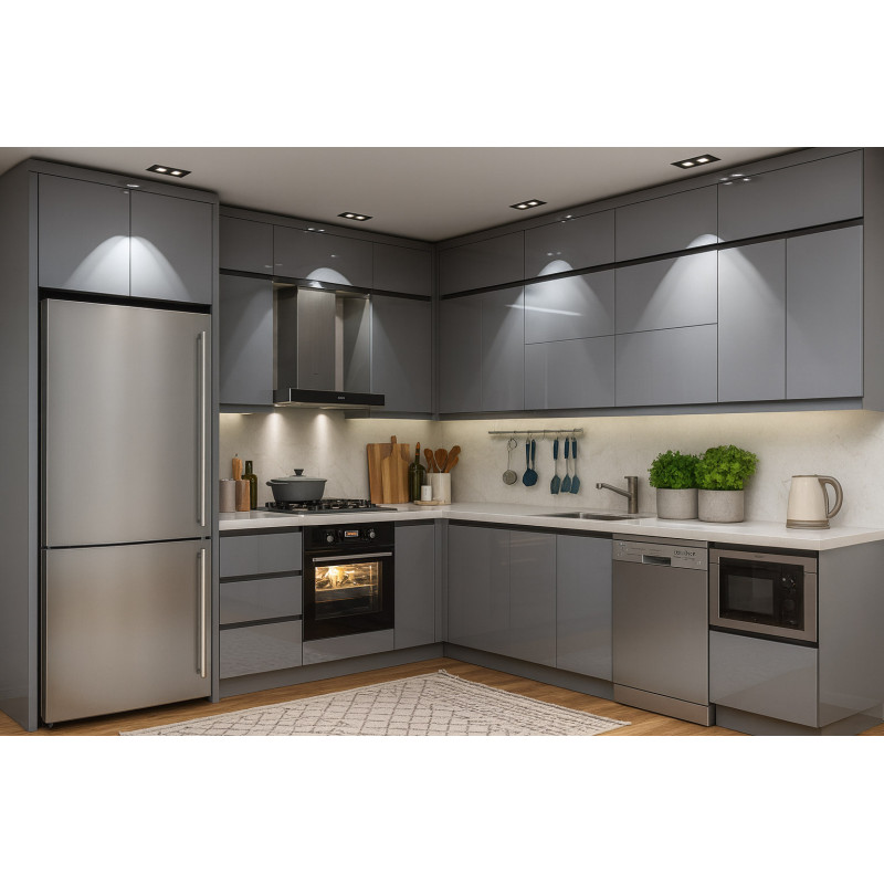 Antrasit Köşe Mutfak Dolabı – L Şeklinde Kulpsuz Mat Lake Kapak, Modern Tasarım