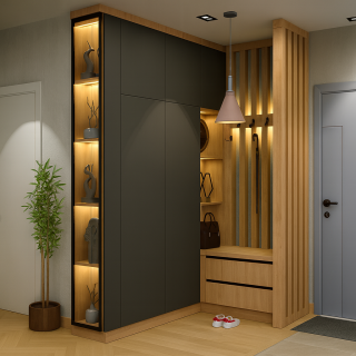 BHR132 Vestiyer Dolap Modeli - Ahşap Seperatörlü, Vitrin Camlı Antrasit Kulpsuz Kapak Portmanto Dolabı