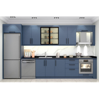 380cm Mavi Mutfak Dolabı - Cam Vitrinli Mat Lak Kapak