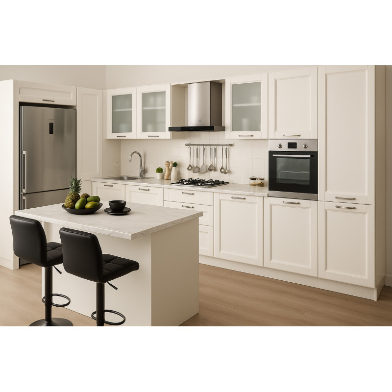 Bodrum Mutfak Dolabı – Köşe L Tipi , CNC İşlemeli Rustik Model, Beyaz Renk