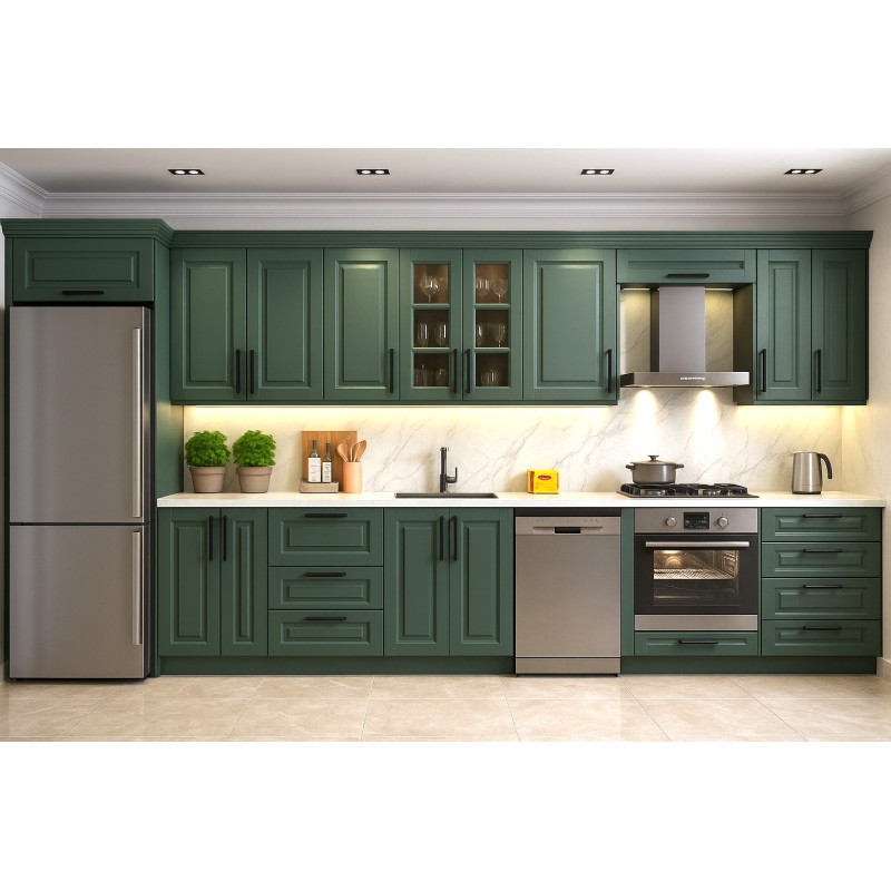 Country Mutfak Dolabı – İşlemeli Kapak, Yeşil Mat Lake Boyalı Kapak, Avangard Tasarım