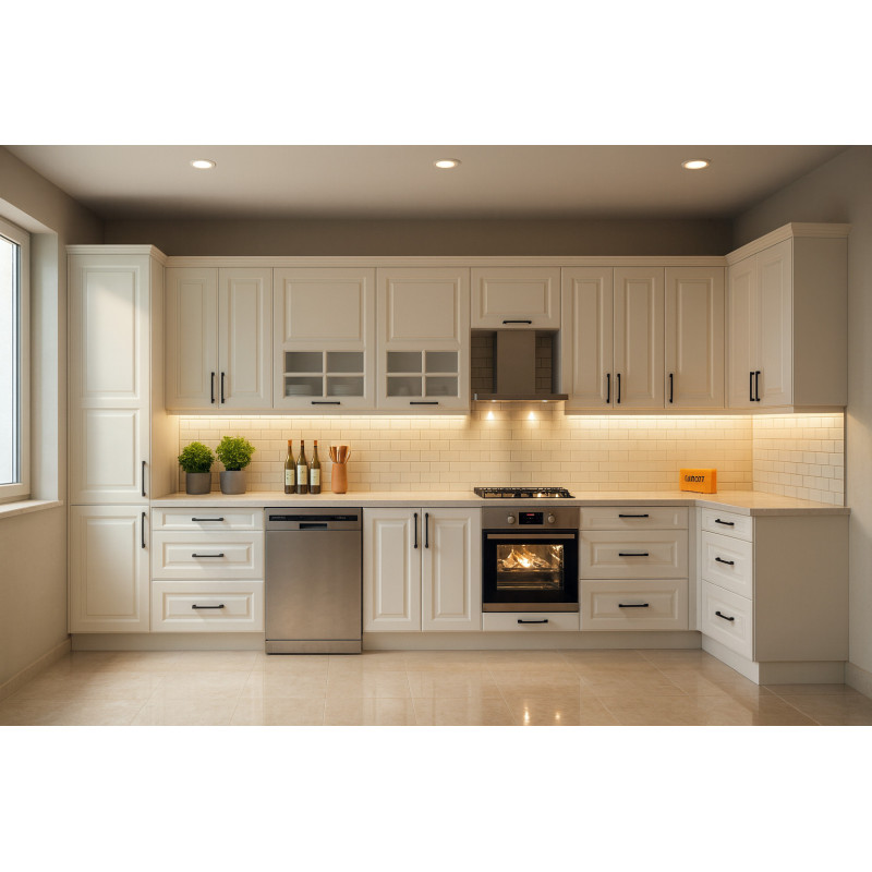 Country Köşe Mutfak Dolabı – İşlemeli Kapak, Beyaz Mat Lake Boyalı Kapak, Avangard Tasarım