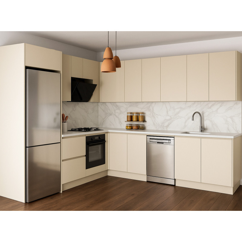 Köşe Mutfak Dolabı – L Şeklinde, Kulpsuz Krem Mdf-Lam Kapak