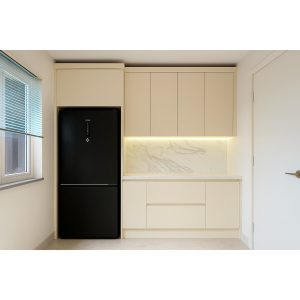 2,5m Karşılıklı Mutfak Tezgahı, Kulpsuz Dolap Krem Mdf-Lam Kapak