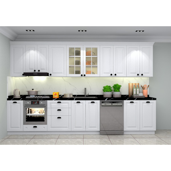 375cm Country Mutfak Dolabı – İşlemeli Kapak, Beyaz Mat Lake Boyalı Kapak, Avangard Tasarım