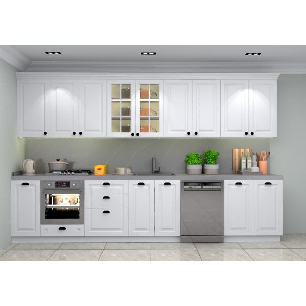 375cm Country Mutfak Dolabı – İşlemeli Kapak, Beyaz Mat Lake Boyalı Kapak, Avangard Tasarım