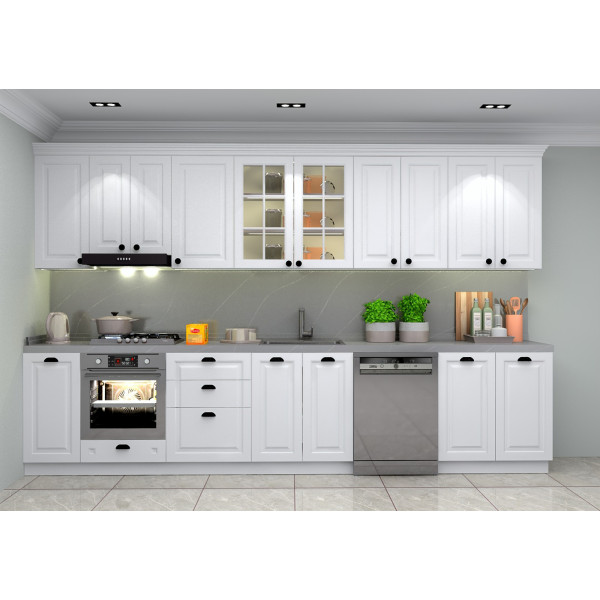 375cm Country Mutfak Dolabı – İşlemeli Kapak, Beyaz Mat Lake Boyalı Kapak, Avangard Tasarım