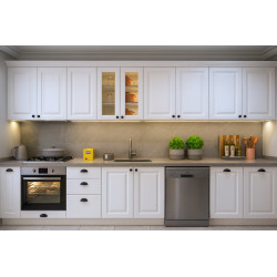 375cm Country Mutfak Dolabı – İşlemeli Kapak, Beyaz Mat Lake Boyalı Kapak, Avangard Tasarım