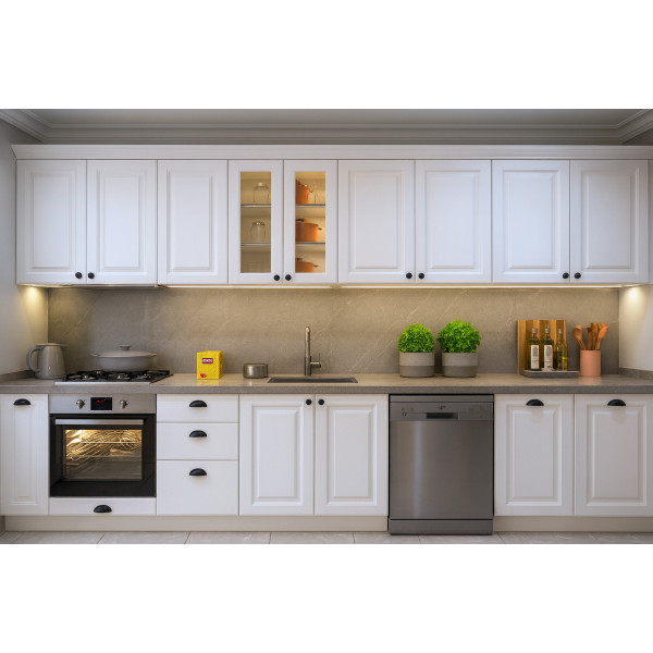 375cm Country Mutfak Dolabı – İşlemeli Kapak, Beyaz Mat Lake Boyalı Kapak, Avangard Tasarım